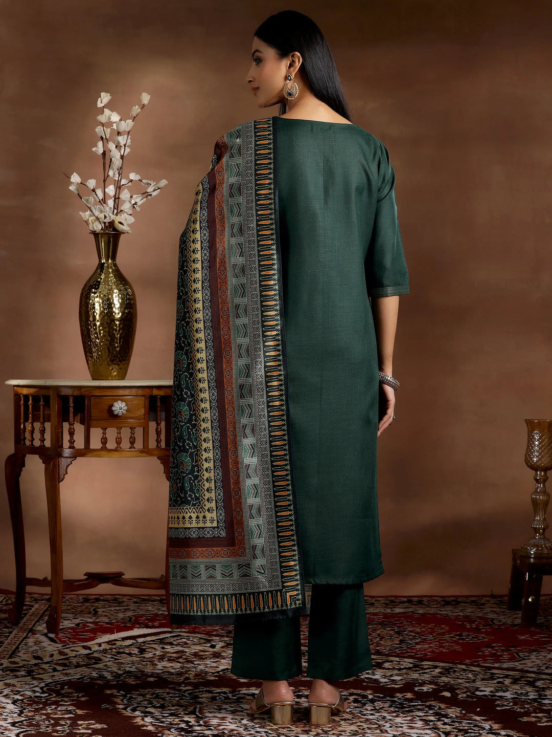  Green Solid Cotton Blend Straight Suit With Dupatta 