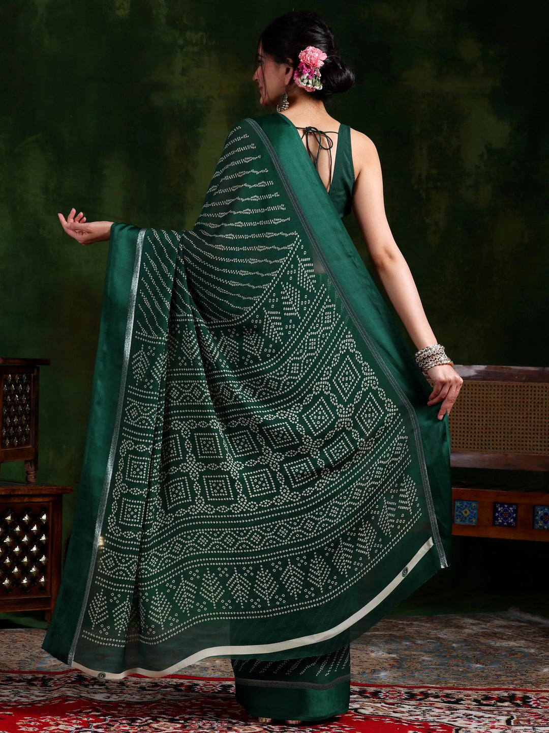 Green Printed Satin Saree With Unstitched Blouse Piece - Libas 