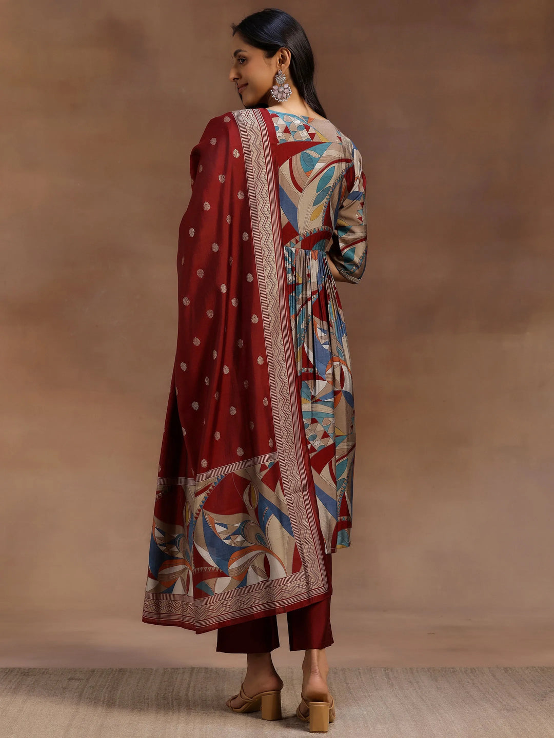  Maroon Printed Silk Blend A-Line Kurta With Trousers & Dupatta 