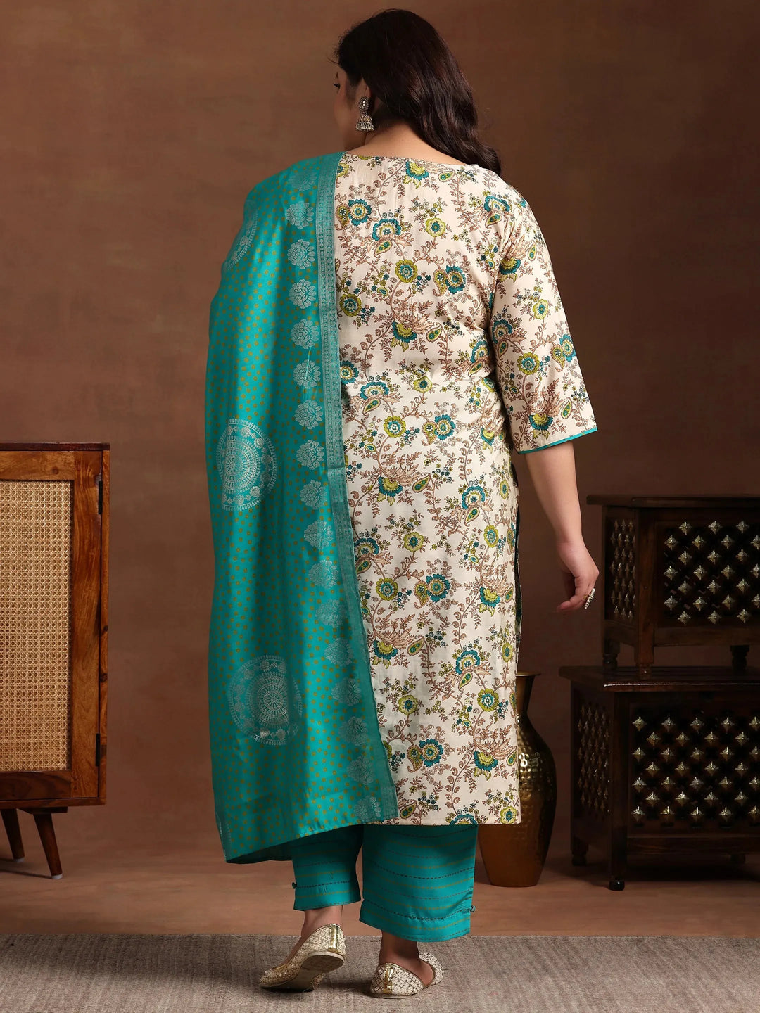  Plus Size Blue Printed Silk Blend Straight Suit With Dupatta 