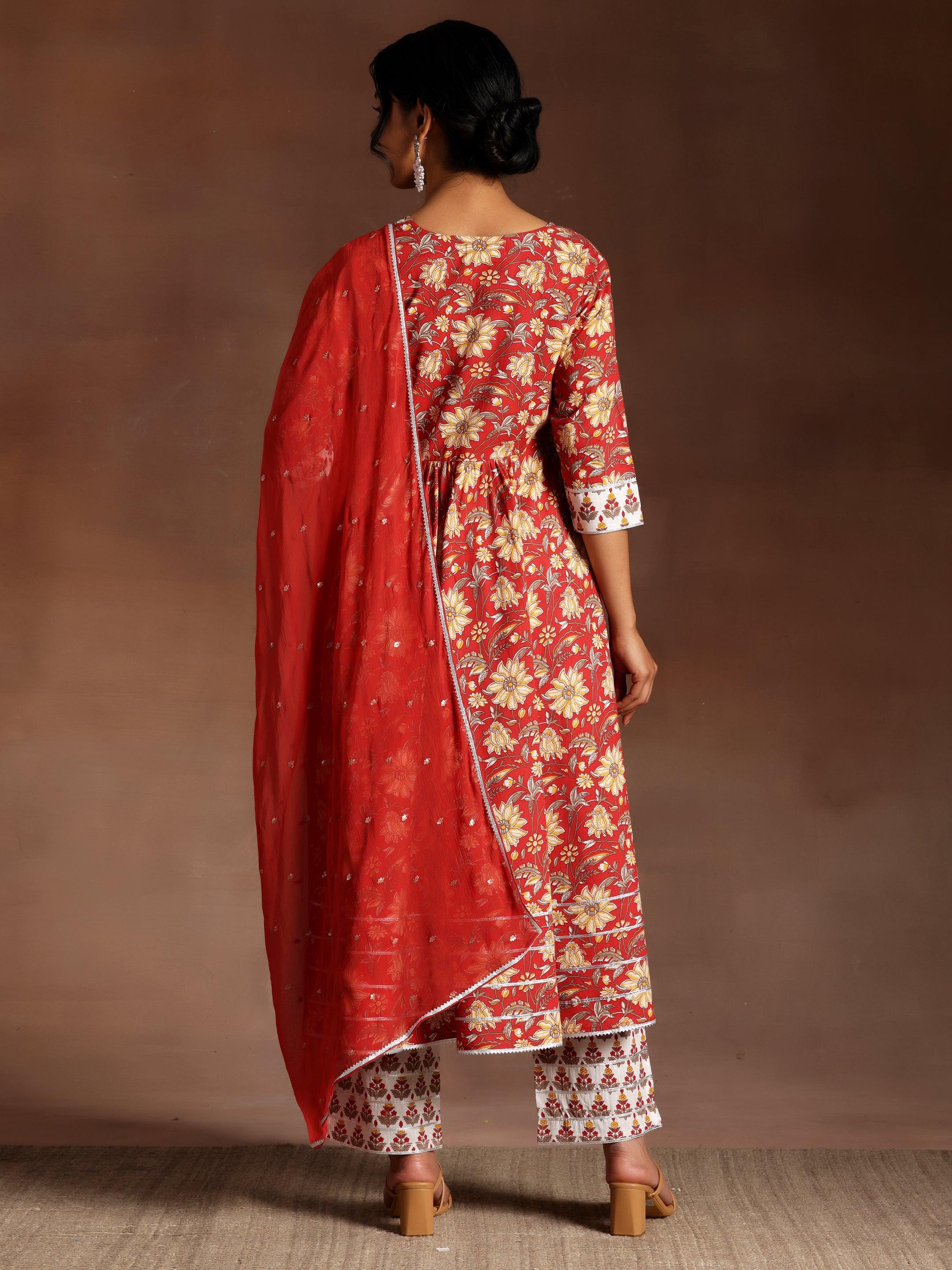 Red Printed Cotton Anarkali Suit With Dupatta