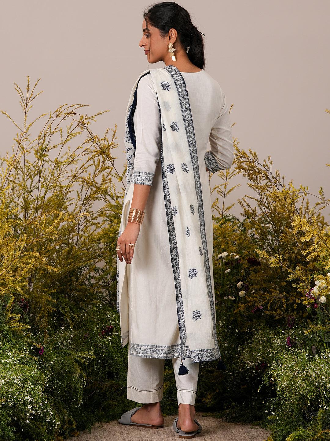  Off White Woven Design Cotton Straight Suit With Dupatta 