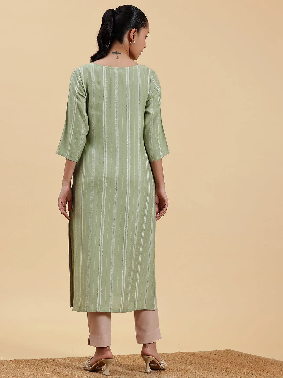  Green Woven Design Rayon Straight Kurta 