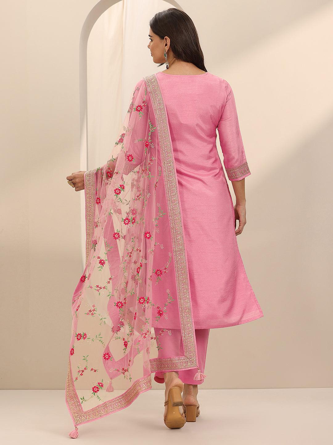  Pink Woven Design Silk Blend Straight Suit Set With Dupatta 