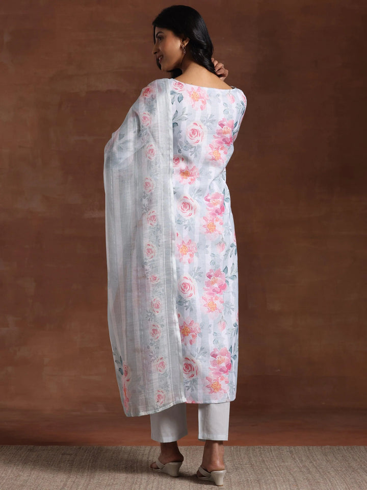 Grey Printed Cotton Blend Straight Suit With Dupatta - Libas