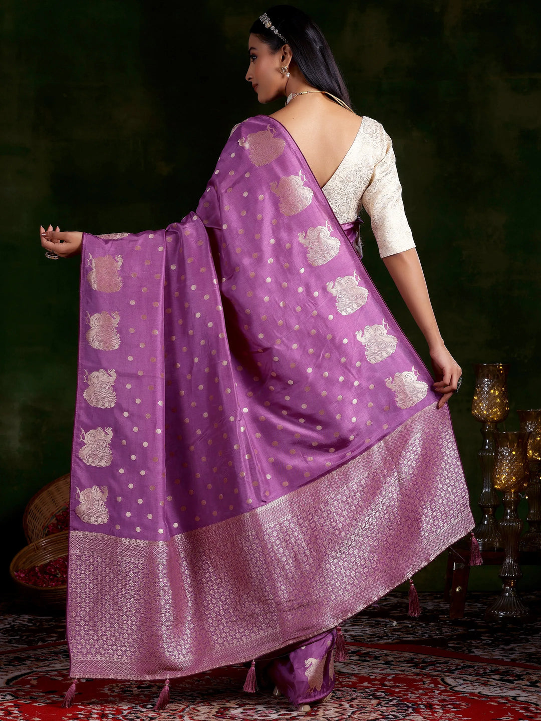  Mauve Woven Design Silk Blend Saree With Unstitched Blouse Piece 