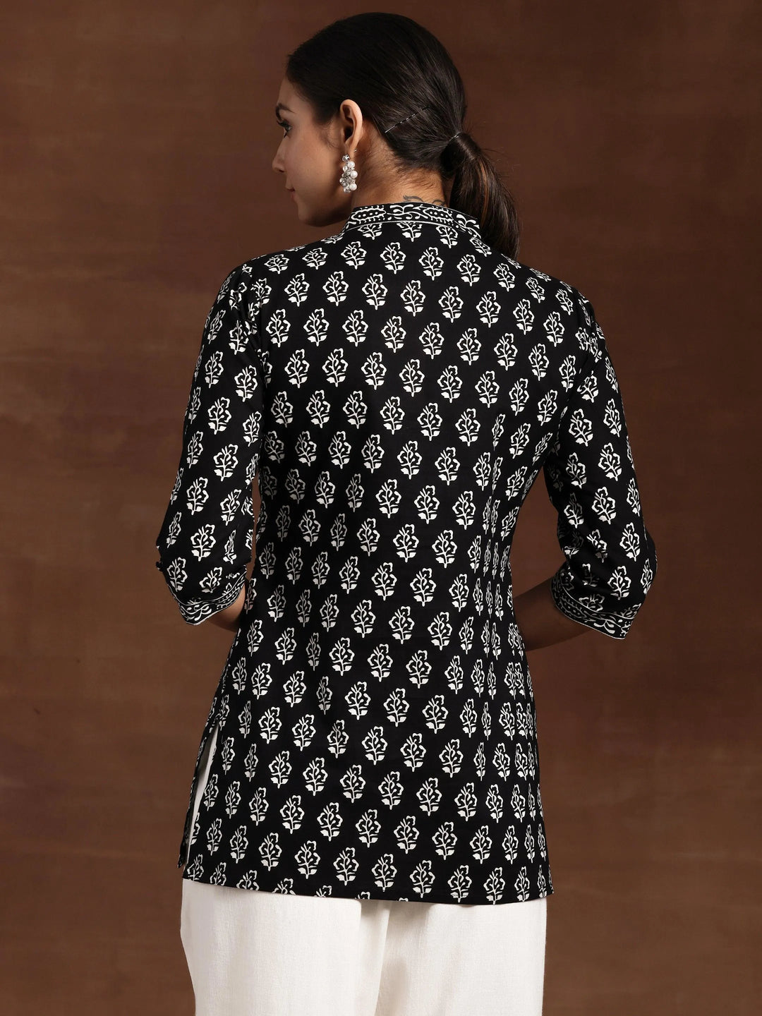 Black Printed Cotton A-Line Kurti - Libas 