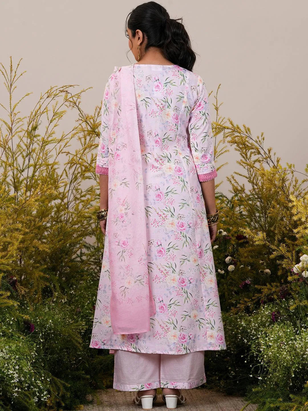 Pink Printed Cotton Blend A-Line Kurta With Palazzos & Dupatta - Libas