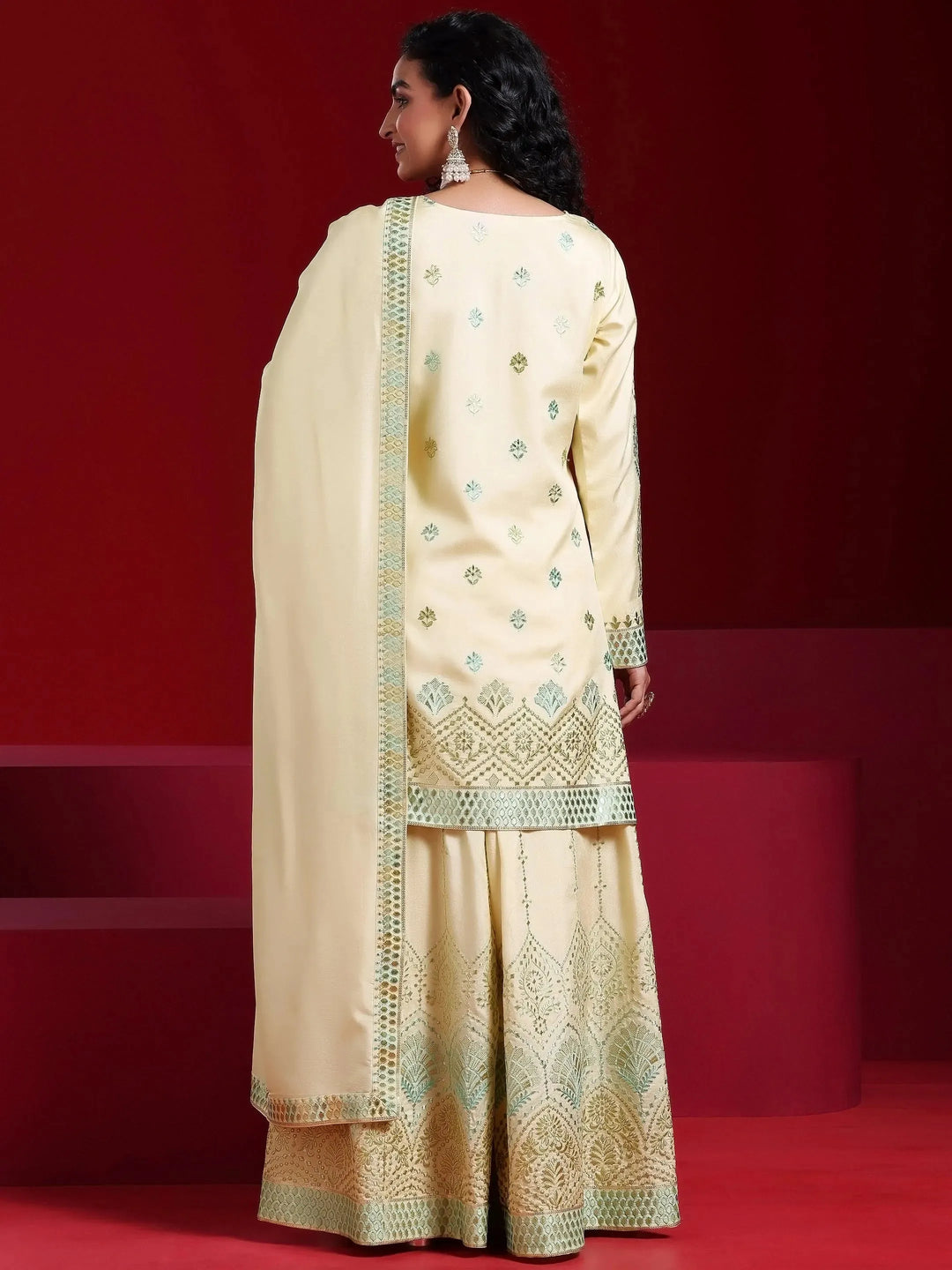  Libas Art Beige Embroidered Silk Blend Straight Suit With Dupatta 