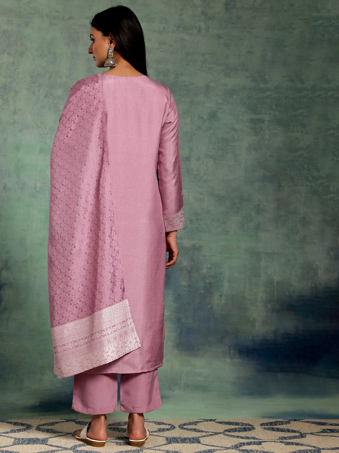 Lilac Woven Design Silk Blend Straight Suit With Dupatta - Libas 