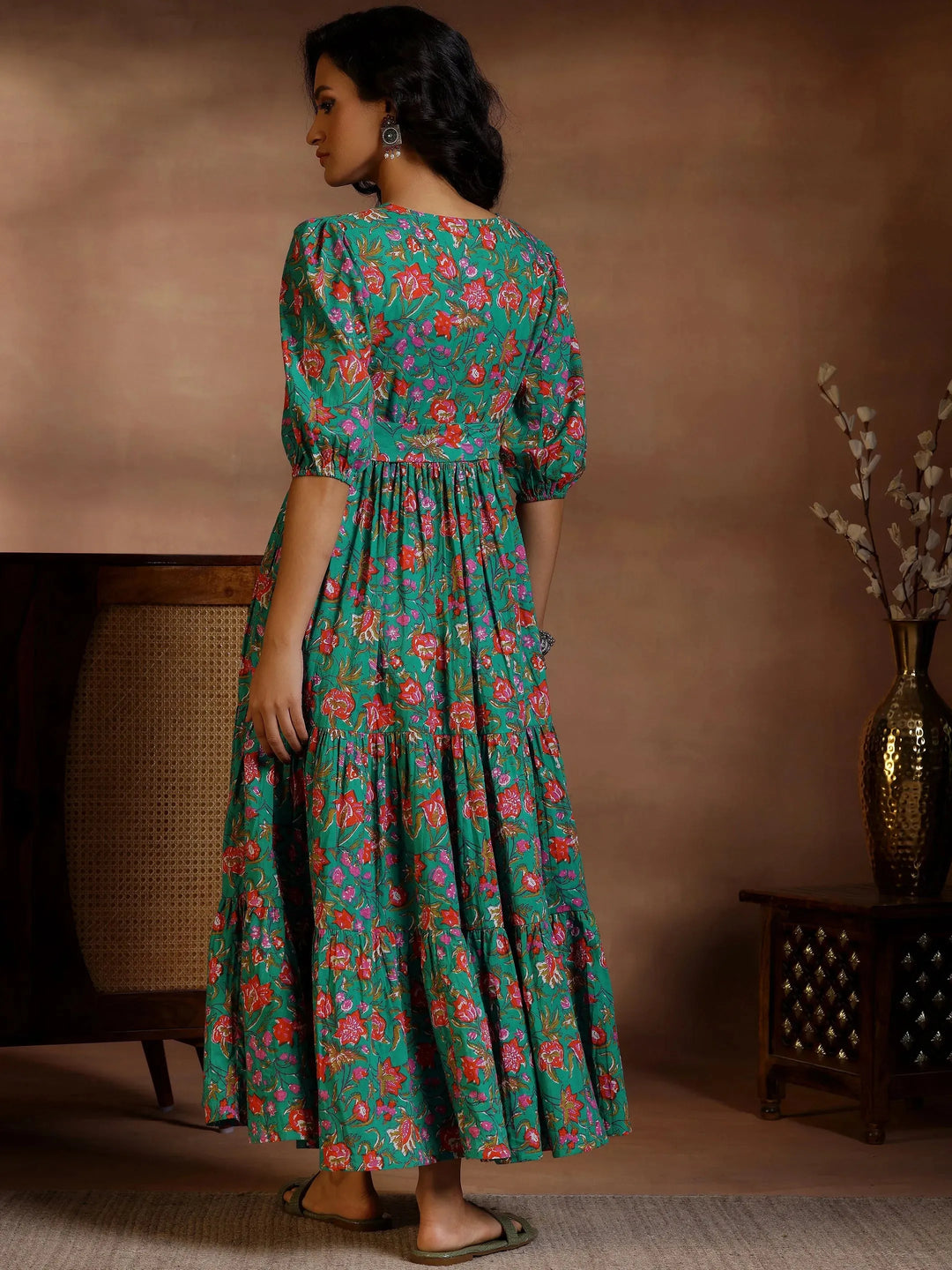  Blue Printed Cotton Fit and Flare Dress 
