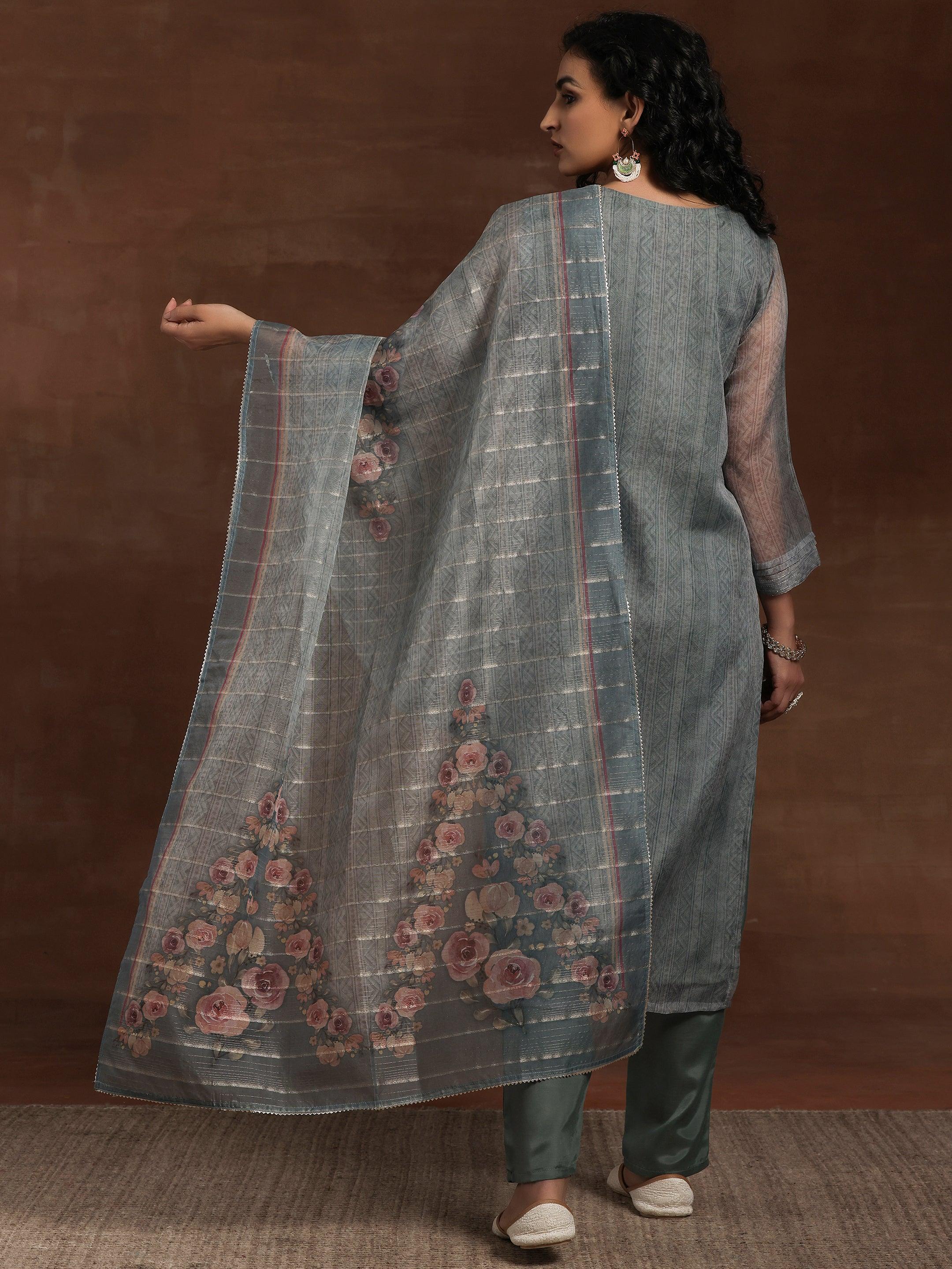 Green Printed Organza Straight Suit With Dupatta