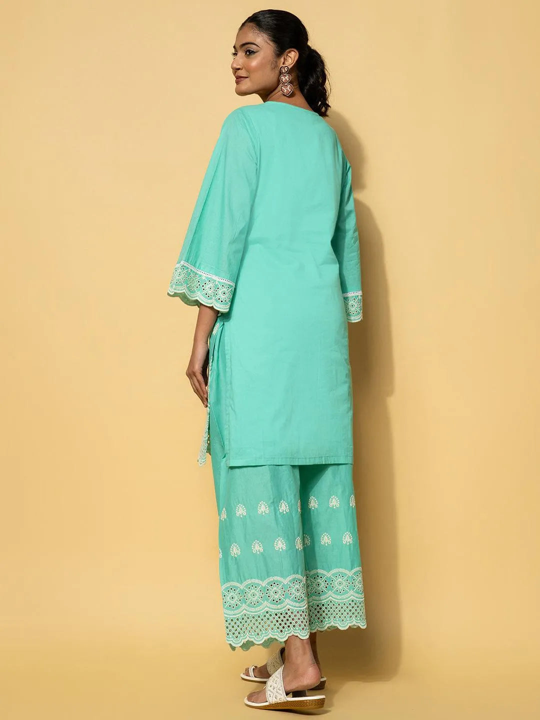 Green Embroidered Cotton Co-Ords - Libas 