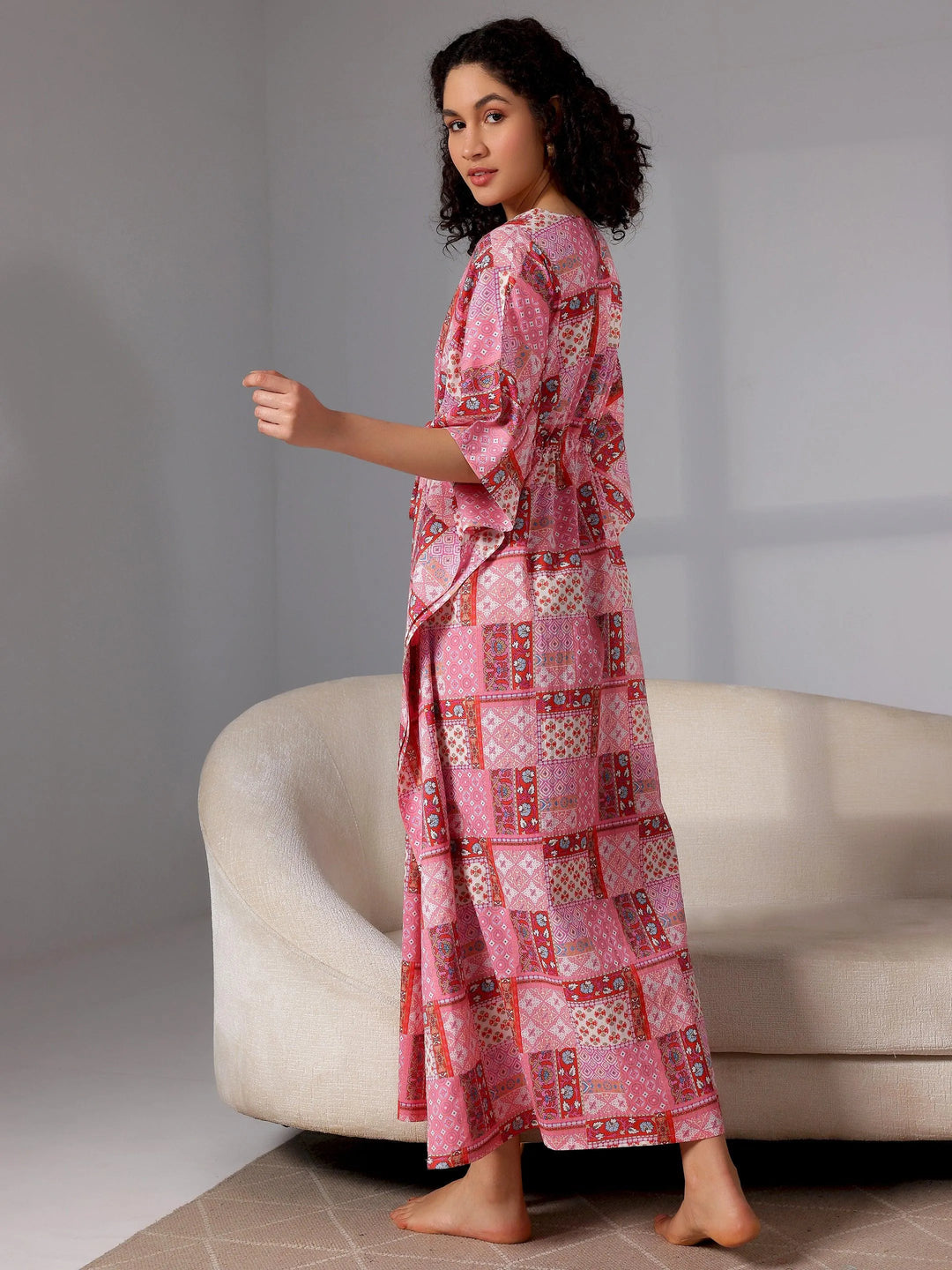 Pink Printed Cotton Kaftan Night Dress - Libas 