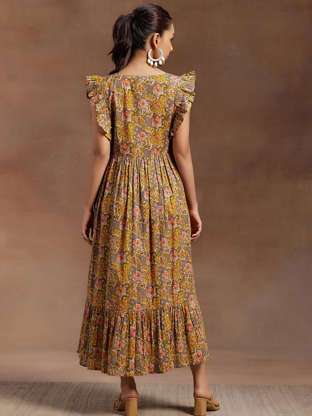  Mustard Printed Cotton Fit and Flare Dress 