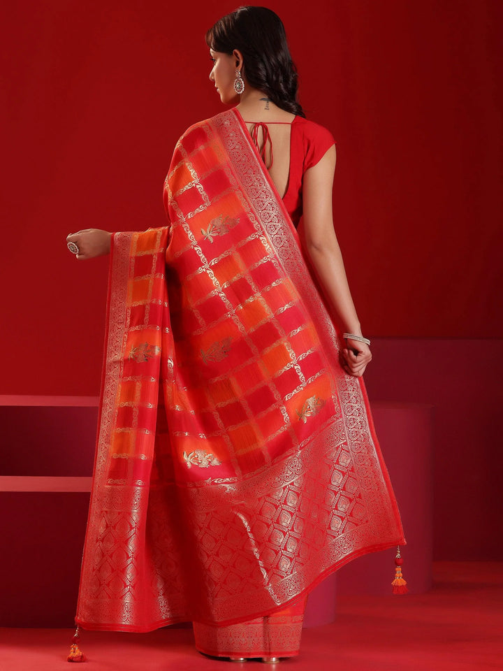 Libas Art Orange Woven Design Satin Saree With Unstitched Blouse Piece - Libas