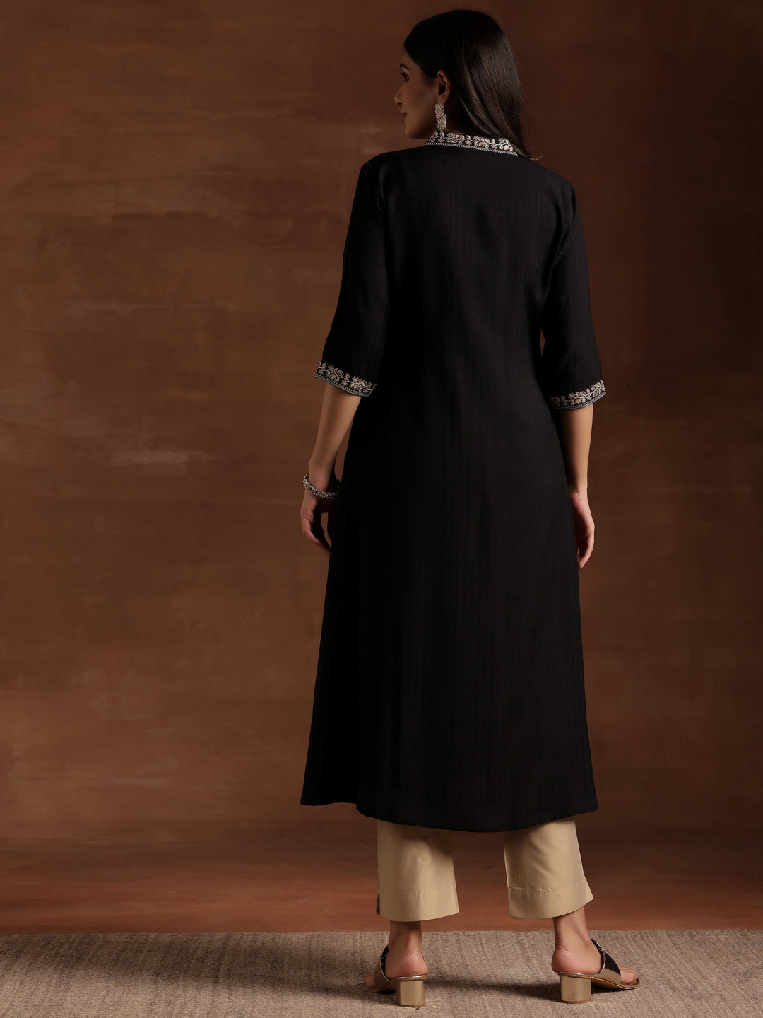  Black Yoke Design Silk A-Line Kurta 
