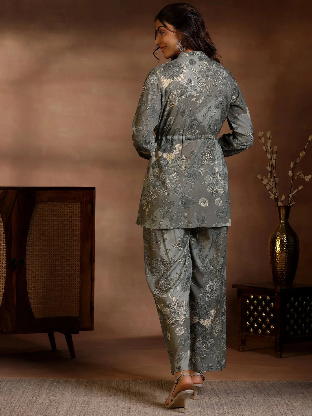  Grey Printed Silk Blend Co-Ords 