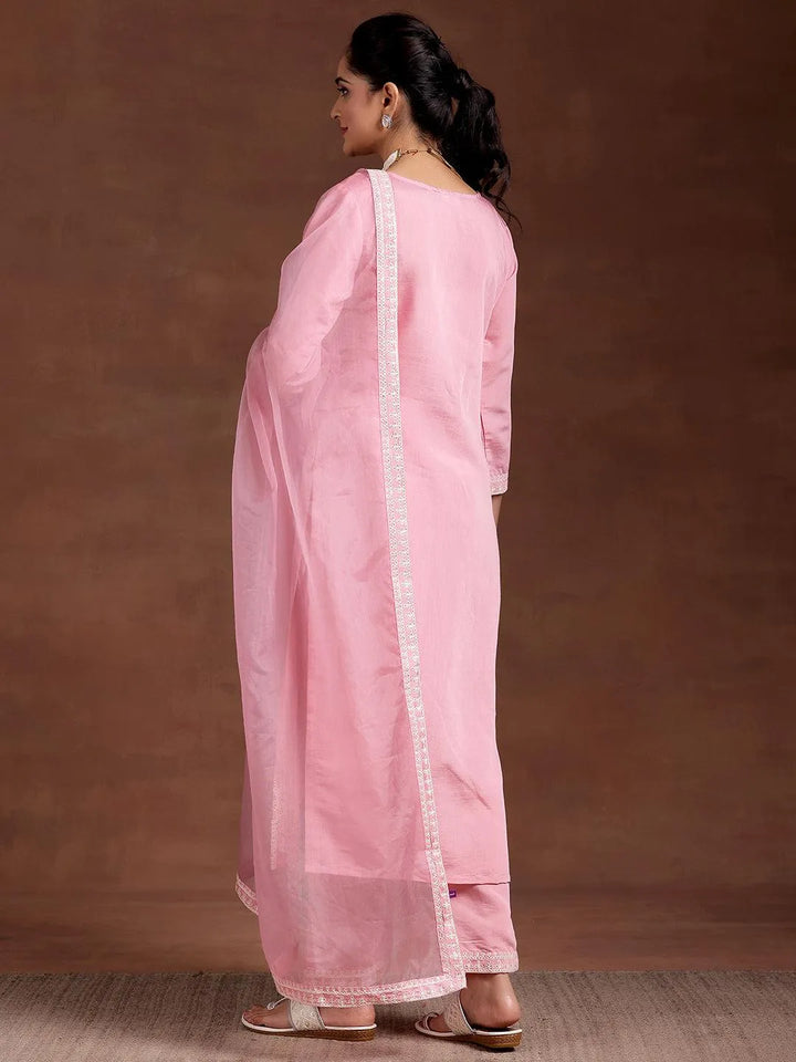 Pink Embroidered Silk Blend Straight Suit With Dupatta - Libas