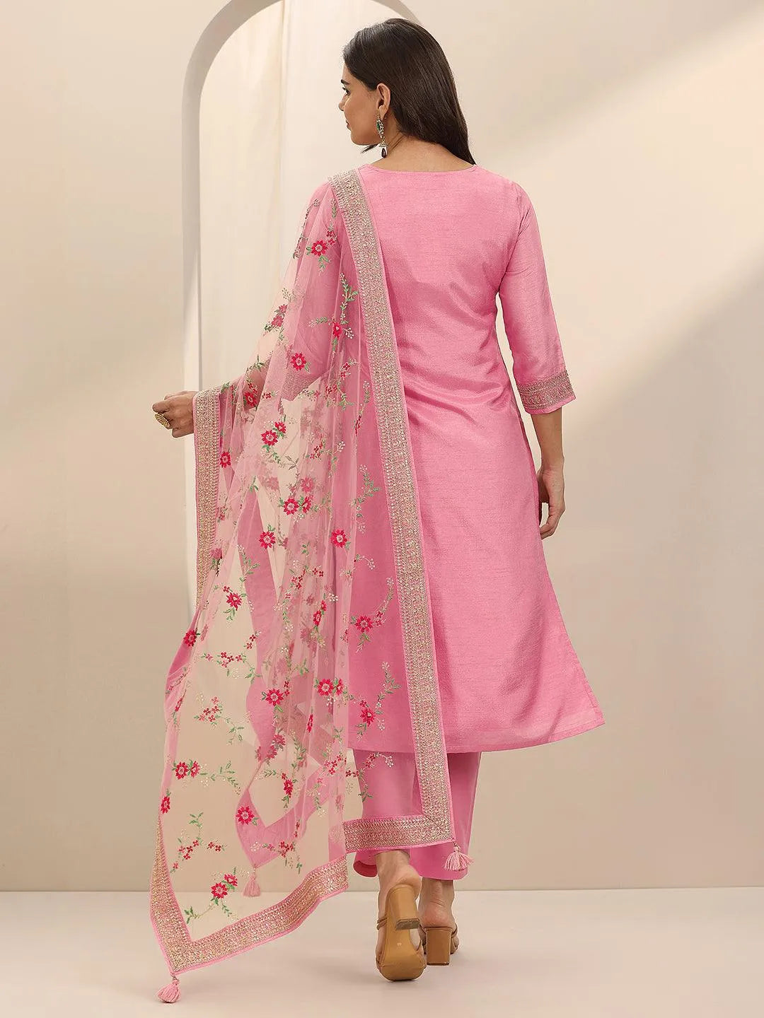  Pink Woven Design Silk Blend Straight Suit Set With Dupatta 