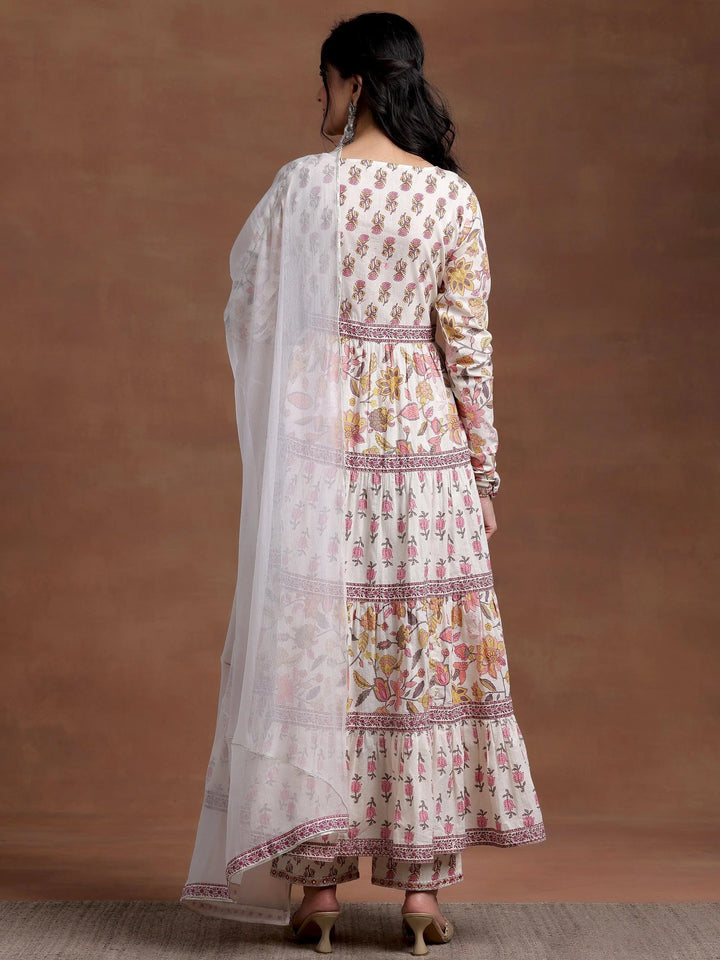 Off white Printed Cotton A-Line Kurta With Palazzos & Dupatta - Libas