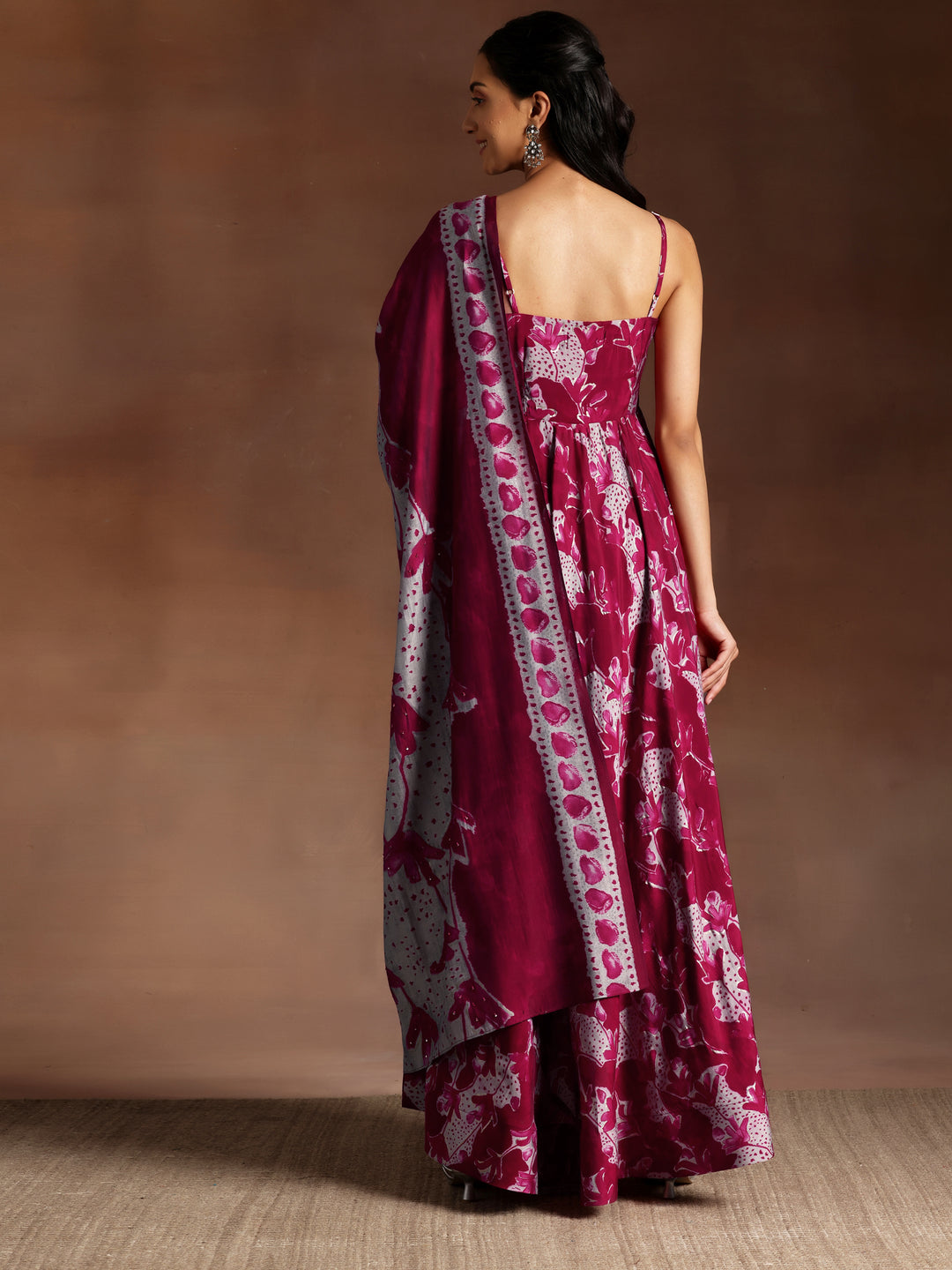  Pink Printed Silk Blend Anarkali Suit With Dupatta 