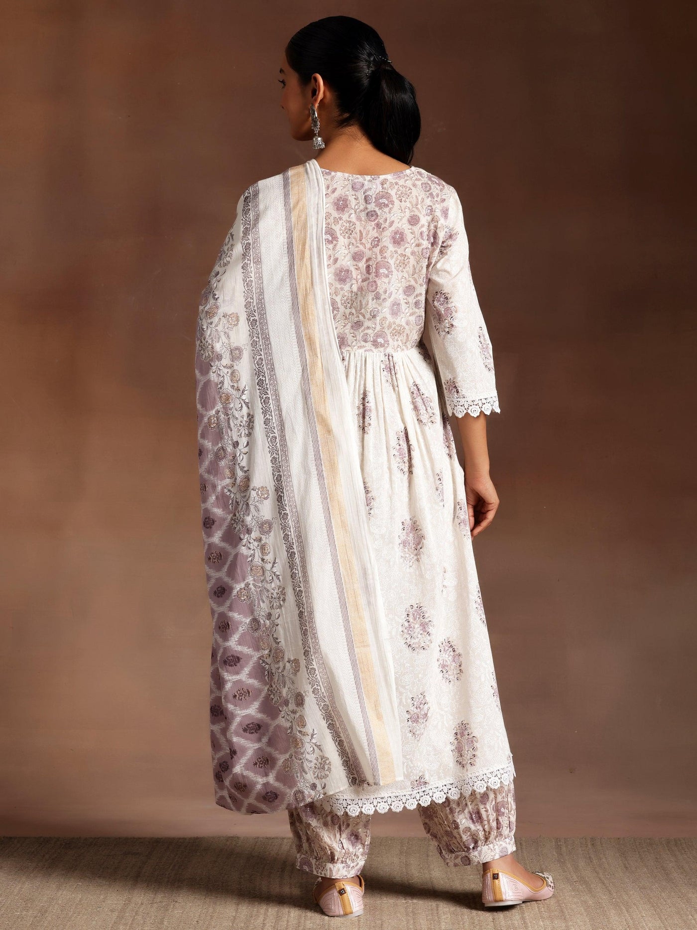Jannat White Printed Cotton A-Line Kurta With Salwar & Dupatta - Libas