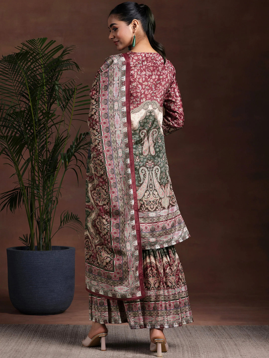  Beige Printed Silk Blend Straight Suit With Dupatta 