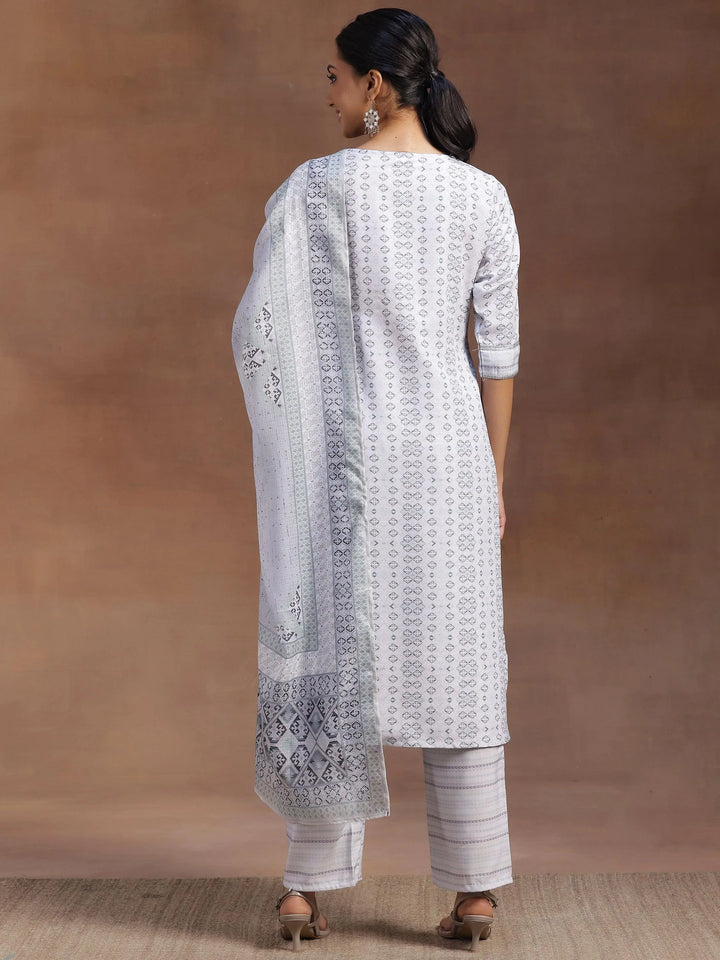 Grey Embroidered Cotton Blend Straight Suit With Dupatta - Libas