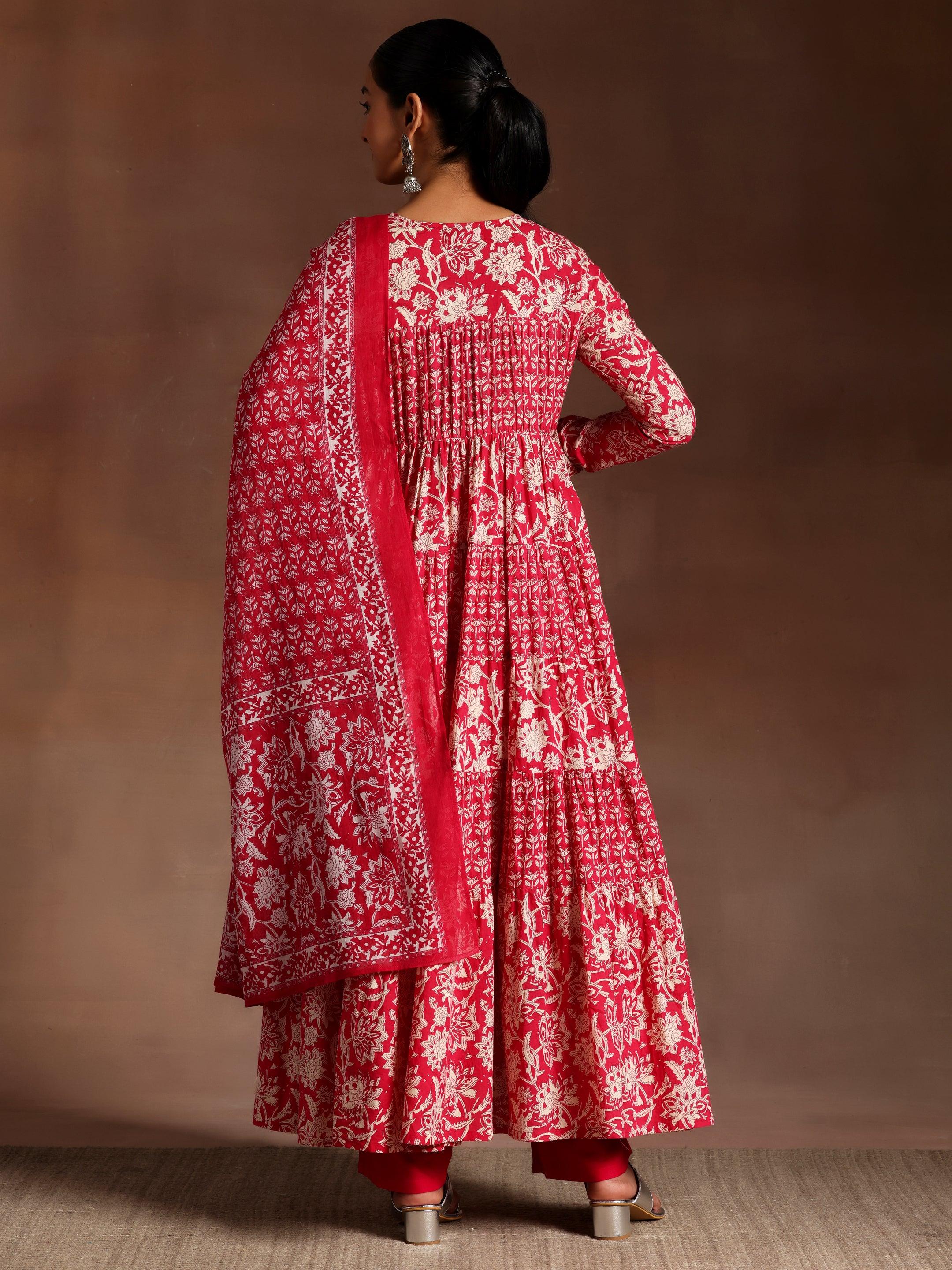 Kashish Pink Printed Cotton A-Line Kurta With Trousers & Dupatta