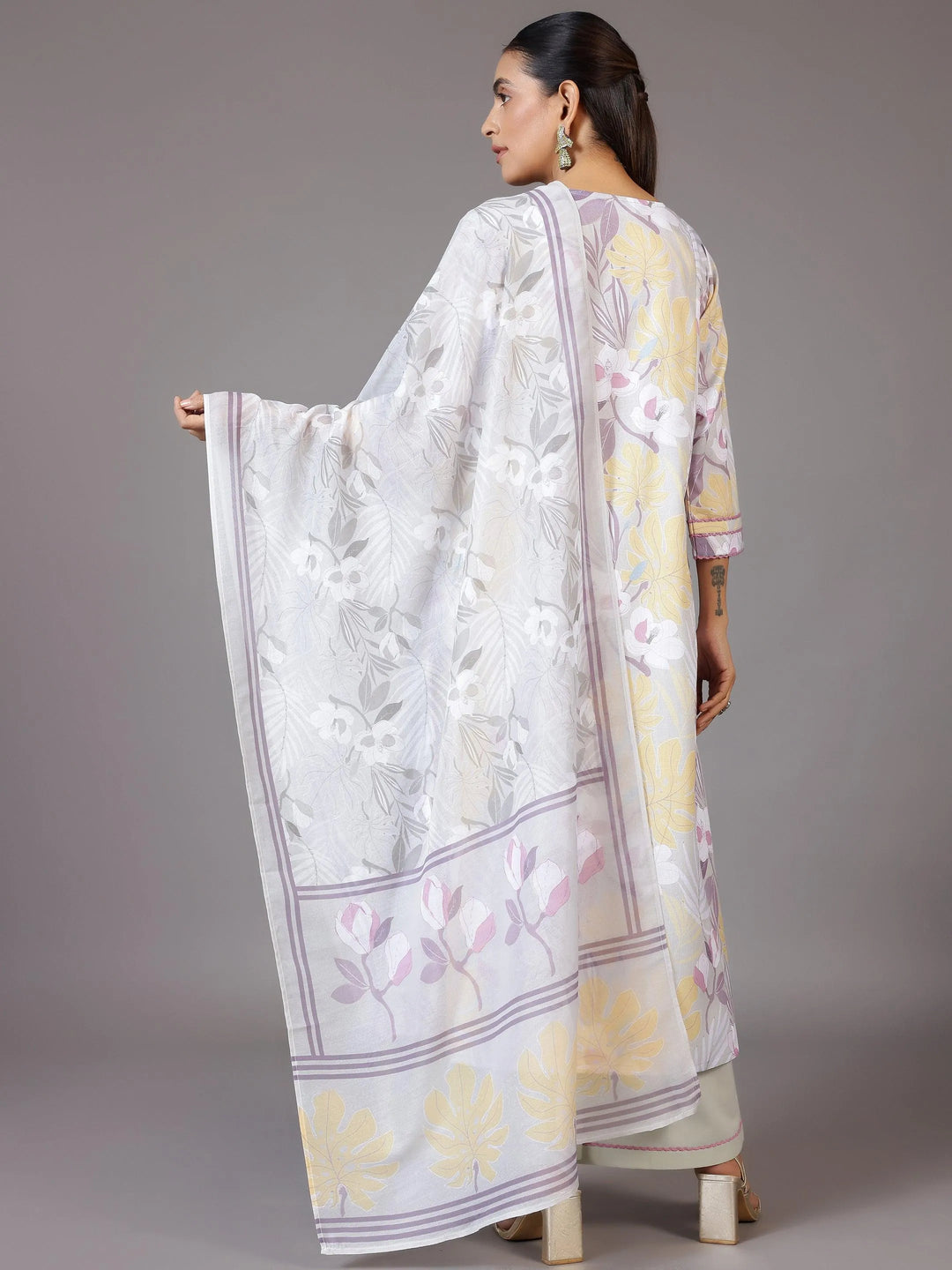 Grey Printed Cotton Blend A-Line Kurta With Palazzos & Dupatta - Libas 