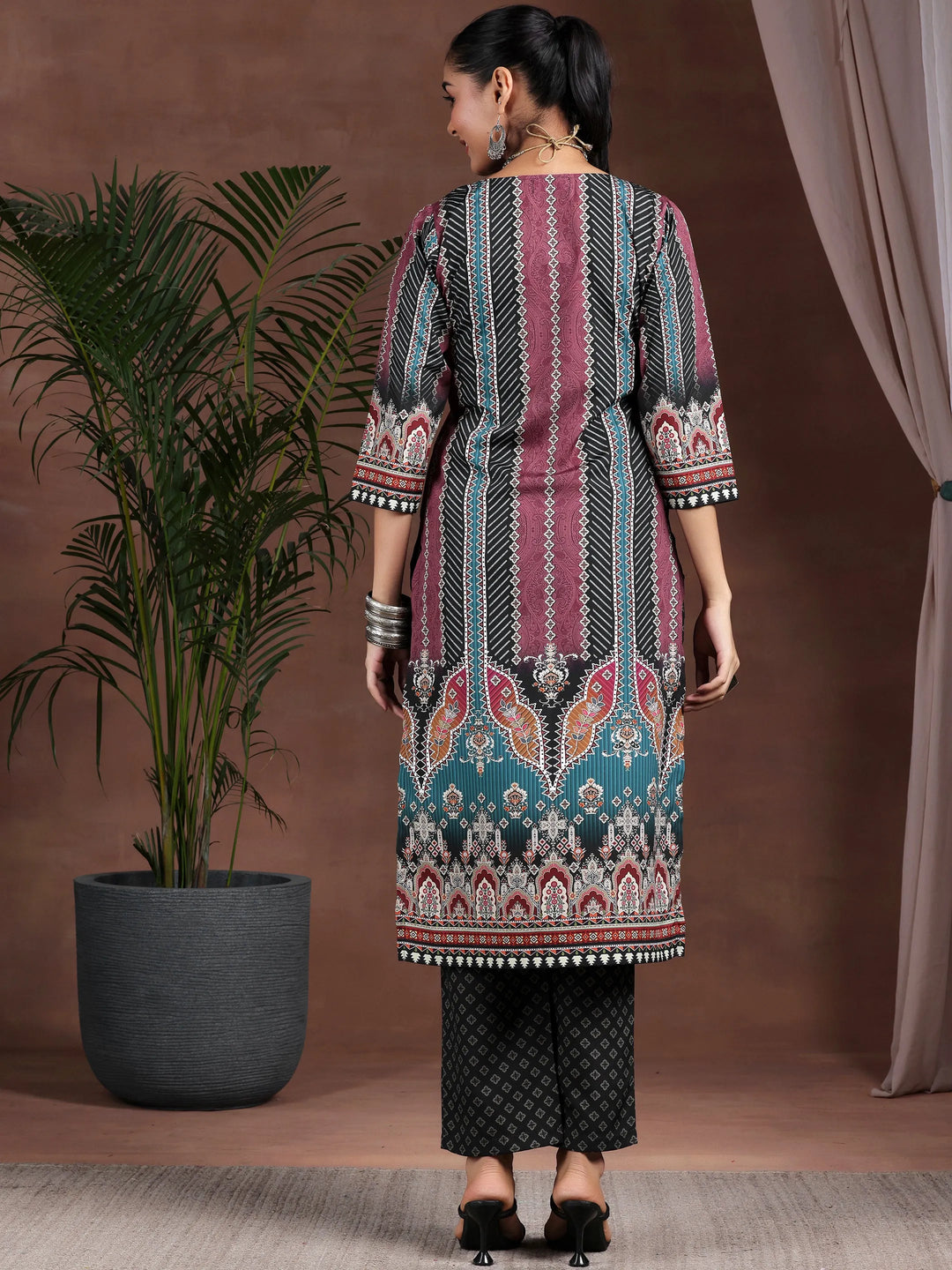  Black Printed Poly Crepe Straight Kurta Set 