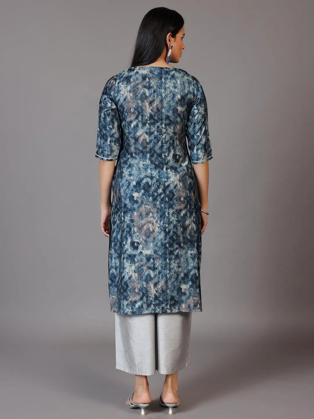 Navy Blue Yoke Design Silk Straight Kurta - Libas 