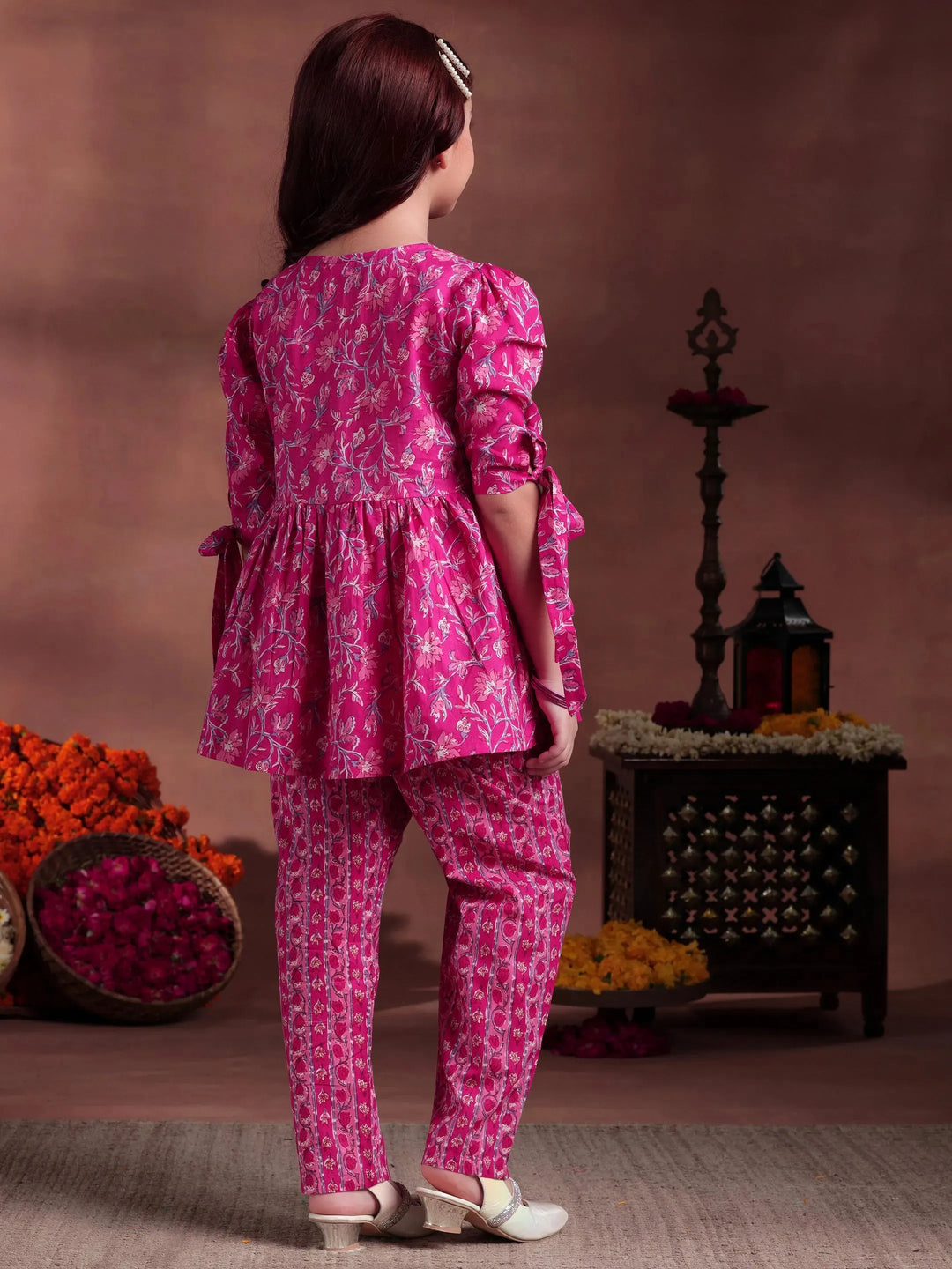  Kids Pink Printed Cotton A-Line Kurti With Trousers & Dupatta 