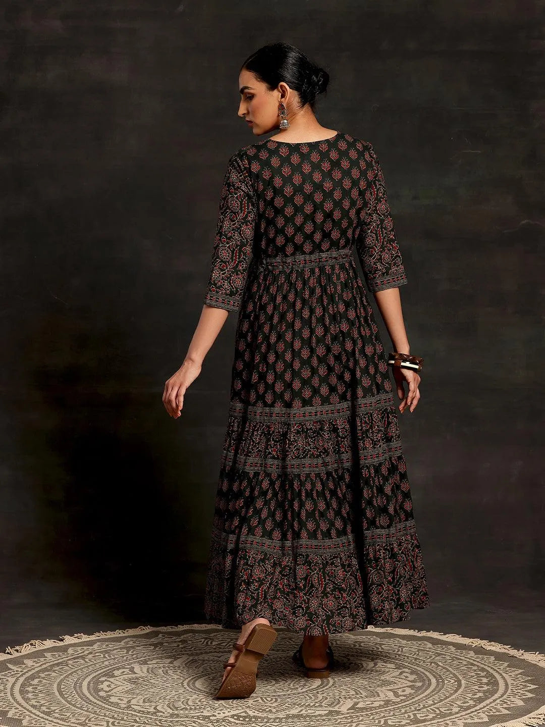 Green Printed Cotton A-Line Dress - Libas 