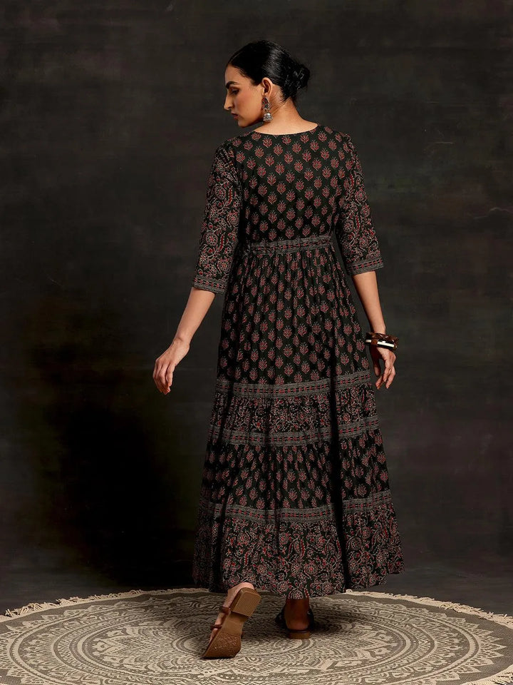 Green Printed Cotton A-Line Dress - Libas