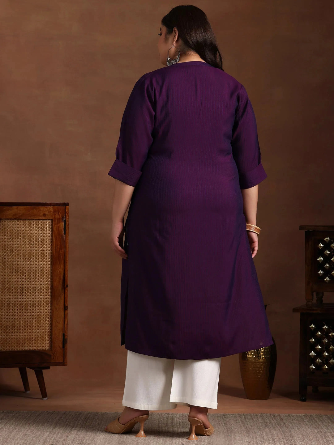  Plus Size Purple Woven Design Silk Straight Kurta 