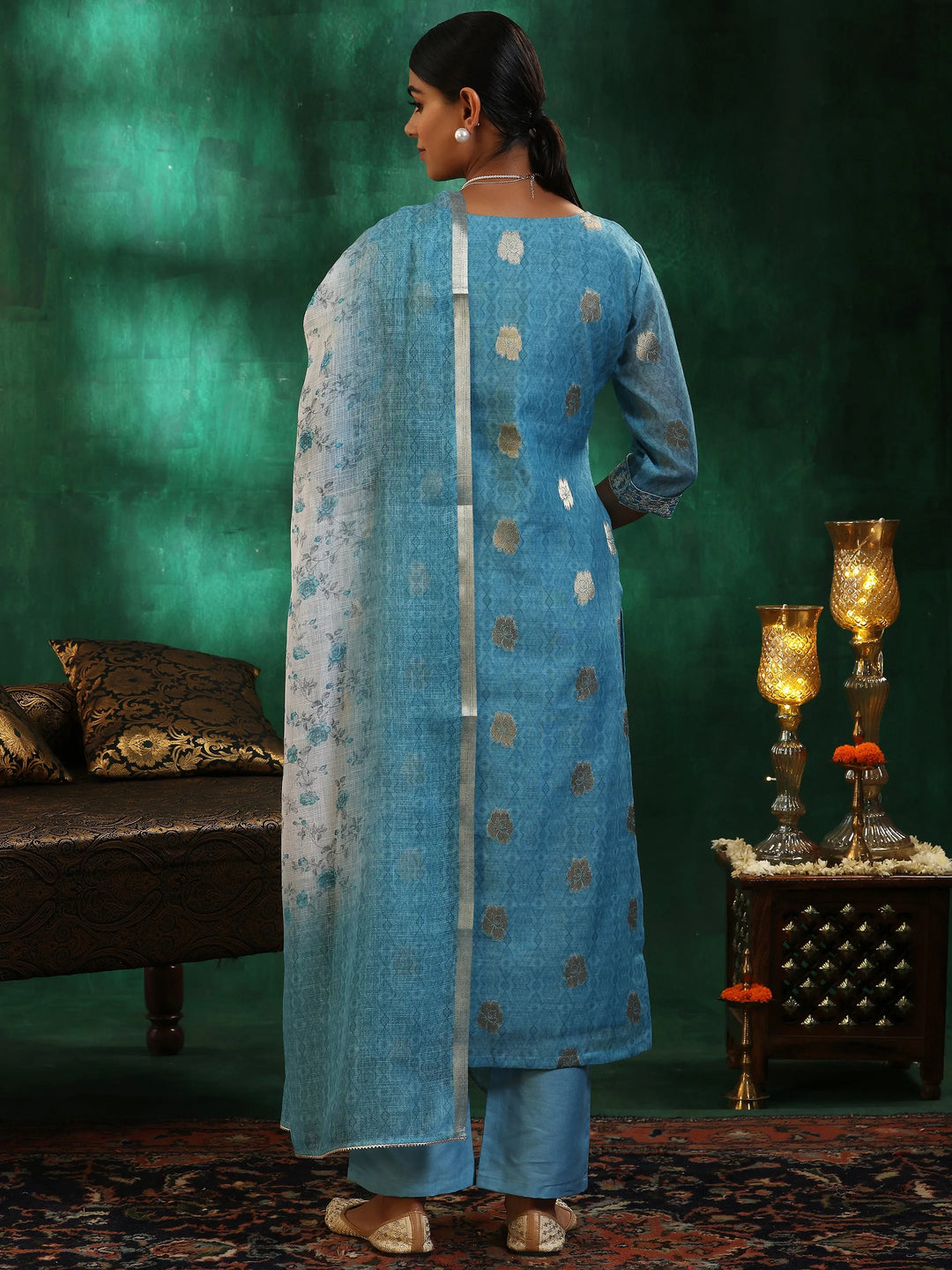  Turquoise Blue Printed Silk Blend Straight Suit With Dupatta 