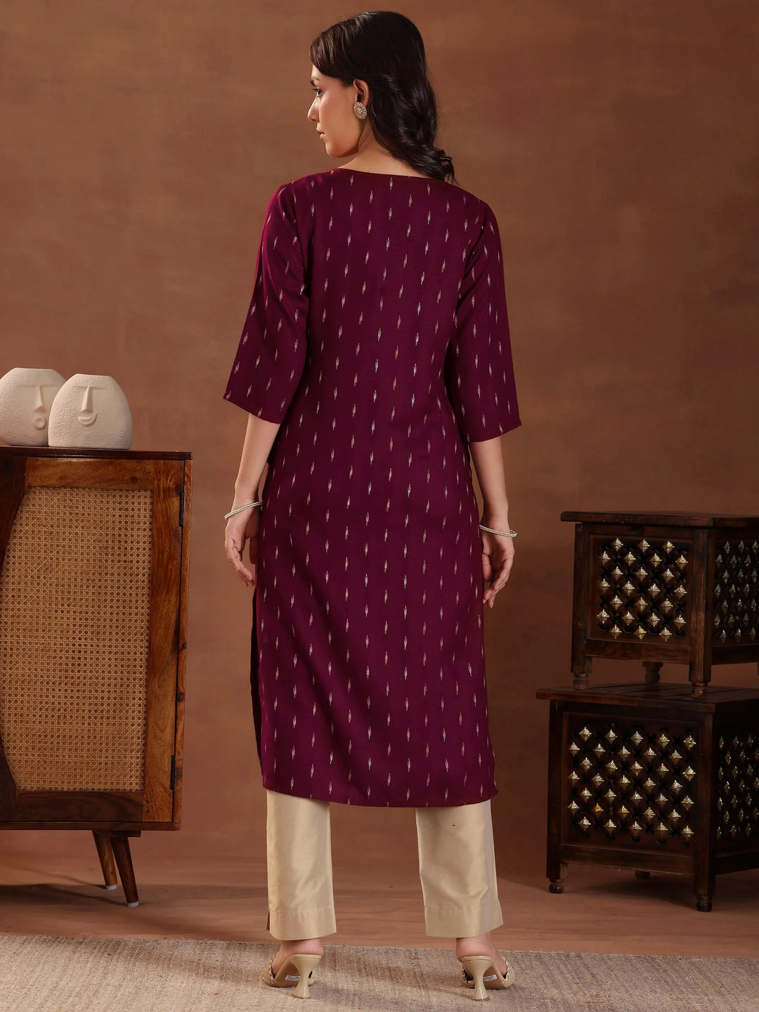  Maroon Woven Design Cotton Straight Kurta 