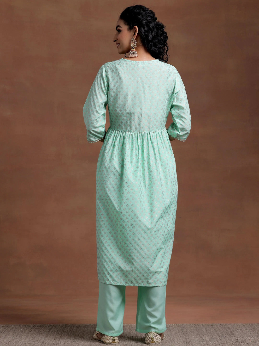 Green Woven Design Silk Blend A-Line Kurta With Trousers - Libas 