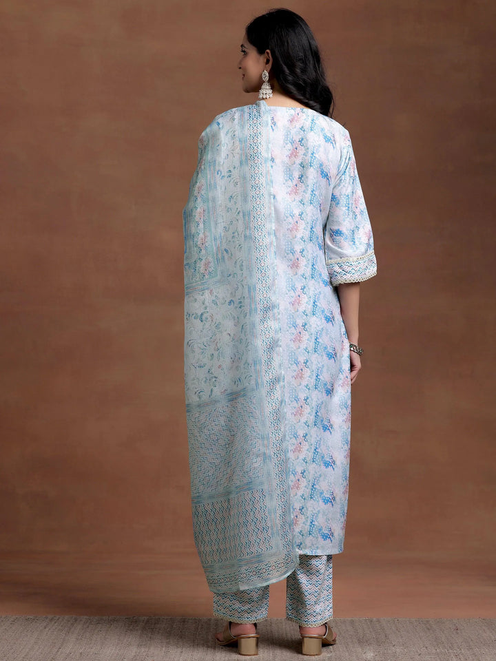 Blue Embroidered Cotton Blend Straight Suit With Dupatta - Libas