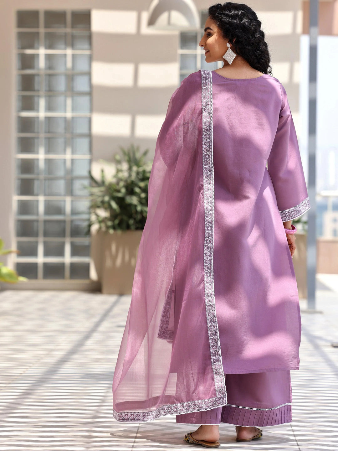 Mauve Embroidered Silk Blend Straight Suit With Dupatta - Libas 