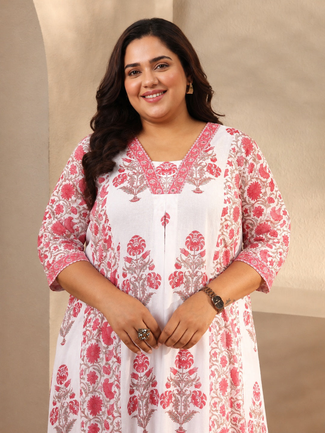  Plus Size Pink Floral Printed Cotton Blend Anarkali Suit Set 