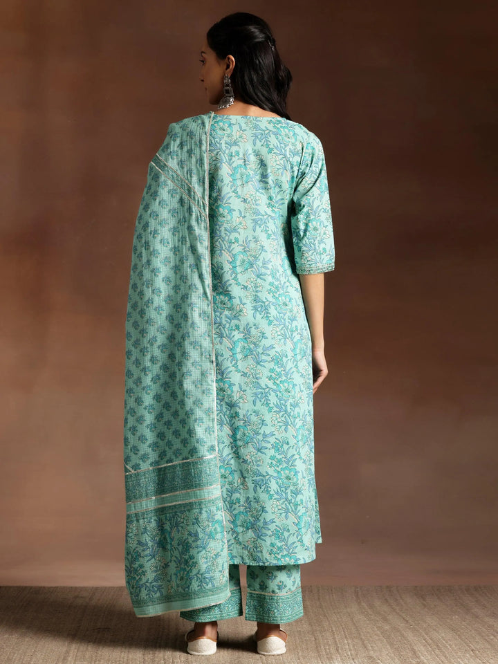 Turquoise Printed Cotton A-Line Kurta With Palazzos & Dupatta - Libas
