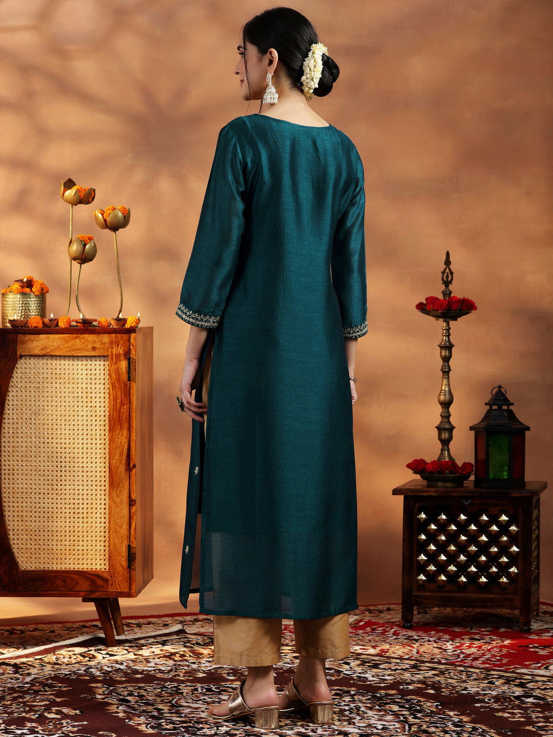  Libas Teal Embroidered Silk Straight Kurta 