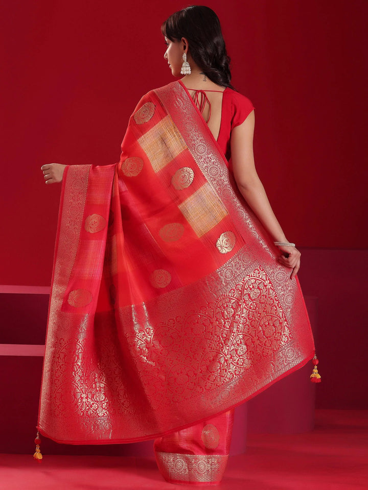 Libas Art Red Woven Design Satin Saree With Unstitched Blouse Piece - Libas