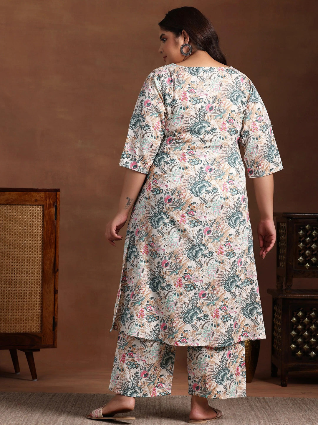 Plus Size Cream Printed Cotton Co-Ords - Libas 