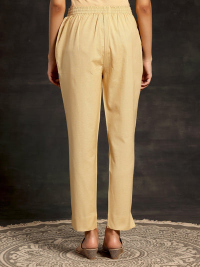 Cream Solid Cotton Straight Fit Trousers - Libas
