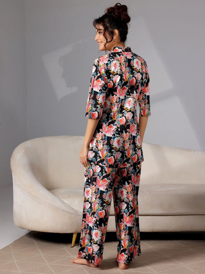 Black Printed Cotton Night Suits - Libas