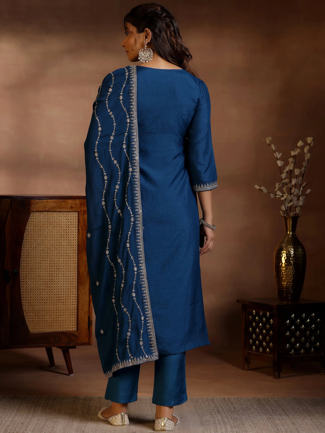  Navy Blue Woven Design Silk Blend Straight Suit With Dupatta 